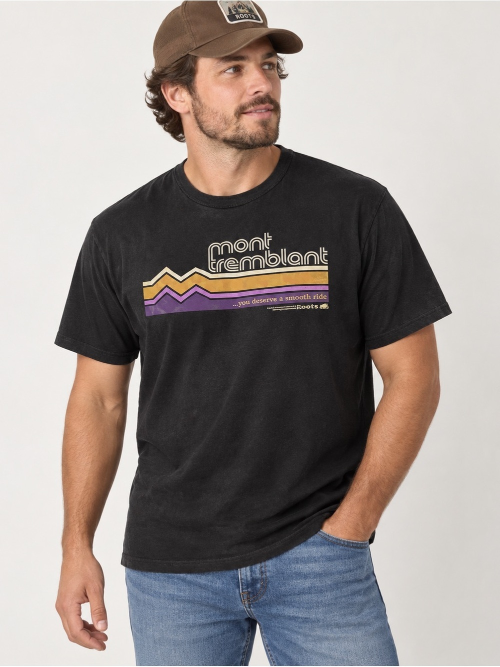 Vintage Roots Canada Mont Tremblant Ski T-Shirt Black Retro Graphic Tee Size L